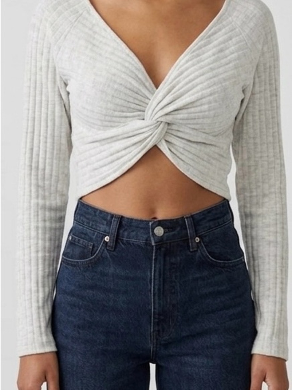 NWT Urban Outfitters Grey Ribbed Twist-Front Cropped Sweater